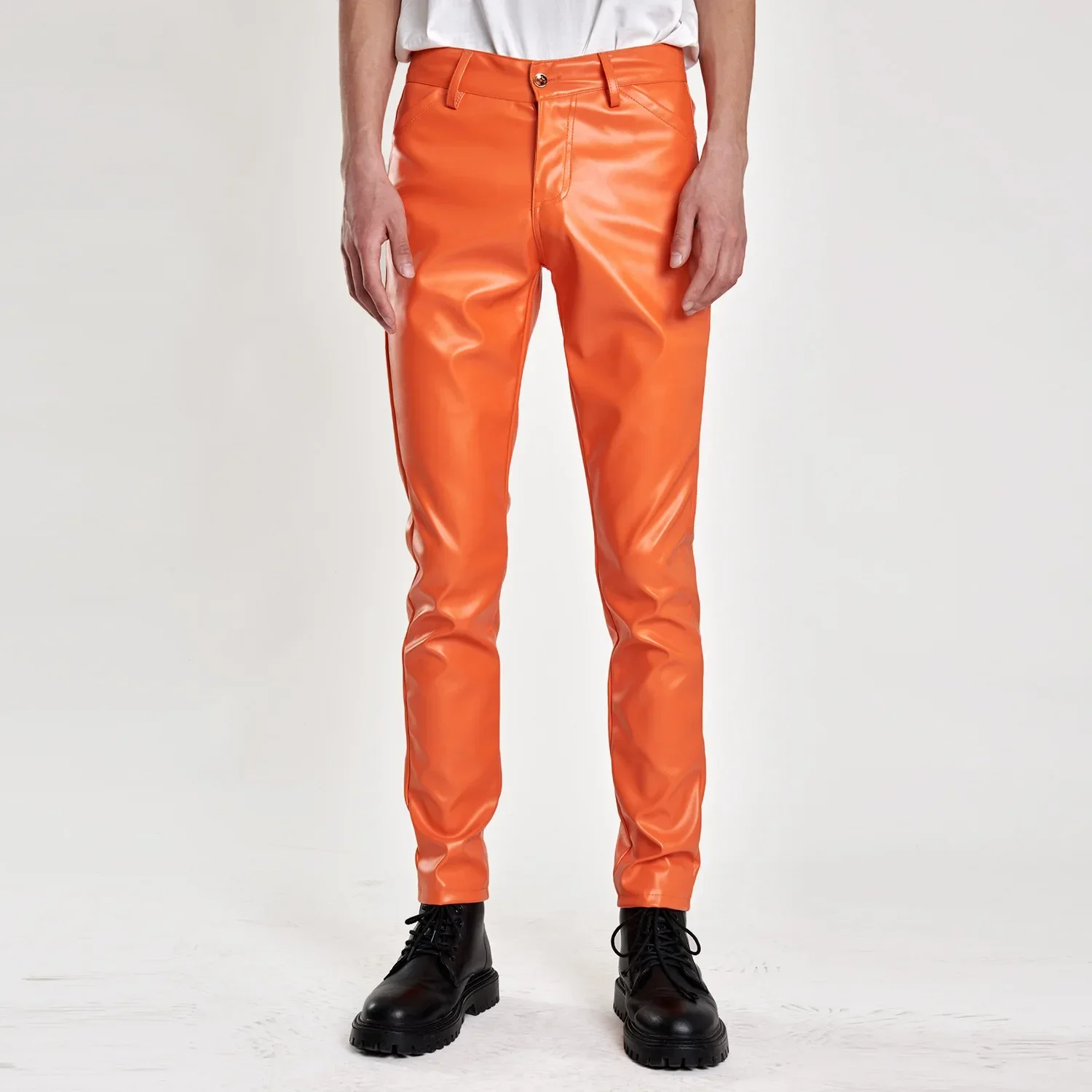 Spring and Summer Thin Youth Leather Pants for Men Stretch Slim Fit Popular Green Bar Orange Breathable Mens Leather Pants