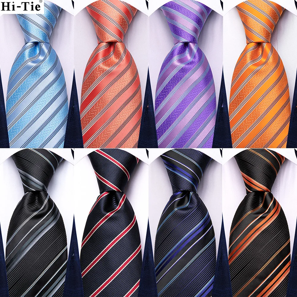 

New Designer Lilac Violet Striped Ties For Men Wedding Party Necktie Luxury Hanky Cufflinks Silk Tie Set Gift For Men Hi-Tie