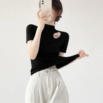 Stretch Knitted Threaded Skeleton Half High Neck Bottom Shirt Women's Inside Long Sleeve T-shirt Tight Tops Bottoming Blouse 1