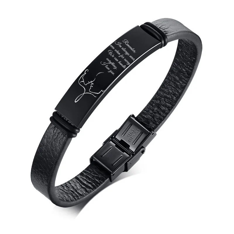 Vnox Mens Black Leather Bracelet Free Engrave Messages Stainless Steel ID Tag Jewelry