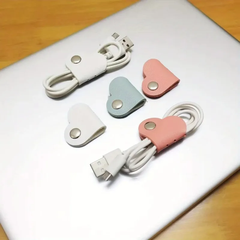 Multifunctional PU Leather Phone Data Cable Organizer Data Storage Heart-shaped Cable Clip 1PCS Hub Wired Headphone Winding Clip, cable organizer