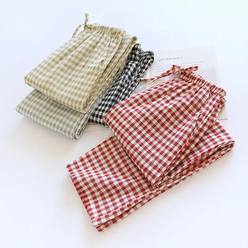 2024 New Japanese Spring/Summer Couple Sleepwear 100% Pure Cotton Gauze Men's and Women's Long Pants Thin Plaid Loose Home Pants