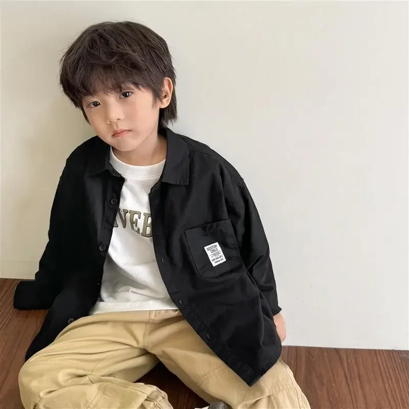 Spring Autumn Childrens Outerwear Teen Boys Shirt Solid Cotton Pocket Baby Boys Coat Single Breasted Kids Tops 3-12Y