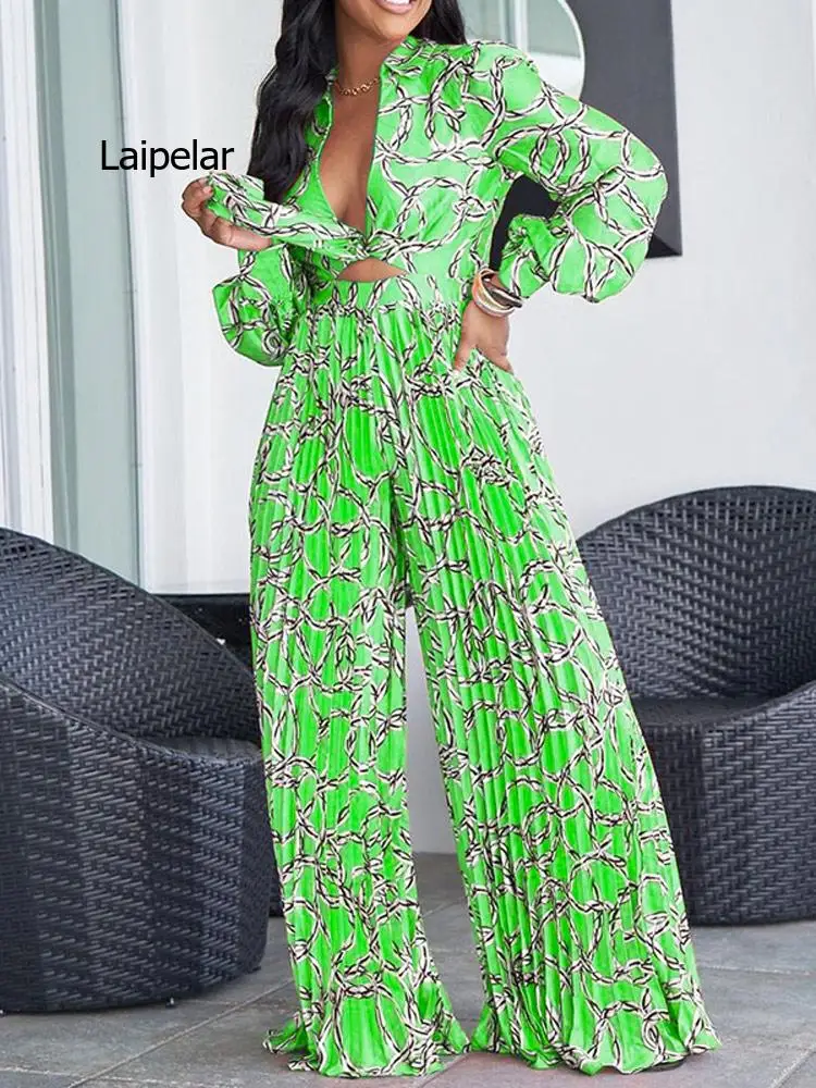 

Женский брючный костюм с принтом, плиссированные брюки, рубашка с длинным рукавом и широкие брюки, комплект из 2 предметов, лето 2022, Повседневная Свободная Офисная Женская одежда