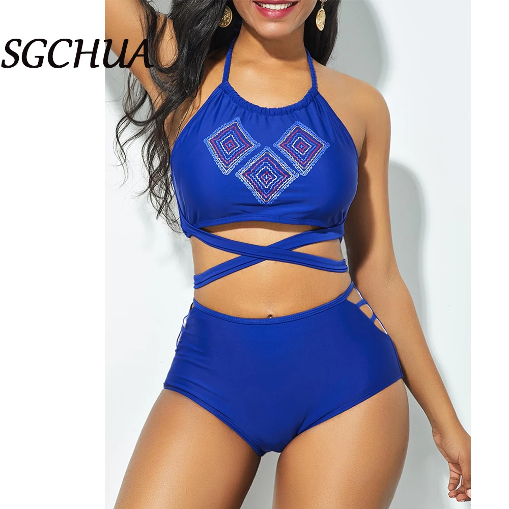 

2022 High Waist Bikini Women High Neck Swimsuit Printed Swimwear Female Padded Beachwear Leaves Bathing Suit Biquine