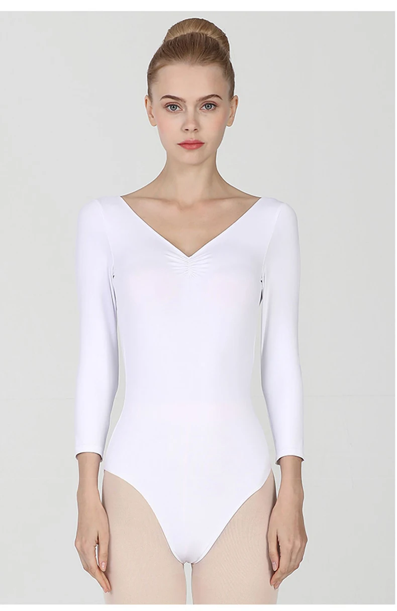 Damen Basic Tanzleotard Langarm Erwachsenen-Team-Ballettanzug Tanzkleidung aus Baumwollstoff mit Großer Rückenaussparung – Detail 11