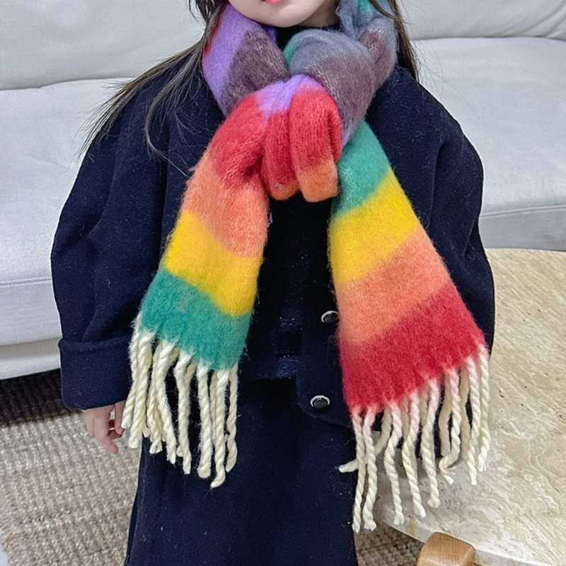 Autumn Winter Warm Colorful Striped Children's Scarf Korean Fashion Girls Boys Long Tassel Scarf for 3-12 Years Kids Neckerchief