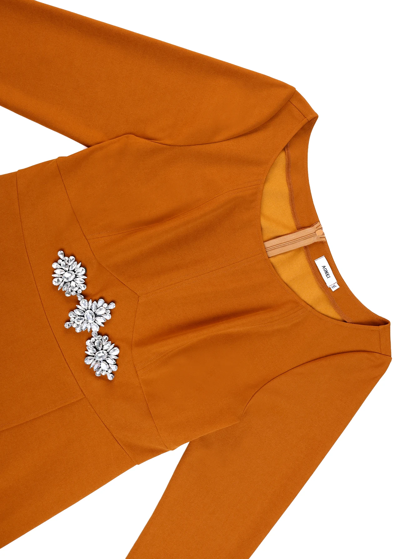 Eleganti abiti midi a linea A per le donne Colletto a nave Maniche lunghe Pieghe con diamanti Vita Ornamento Abiti da donna per ufficio in chiesa per feste Nuovo - Image 6
