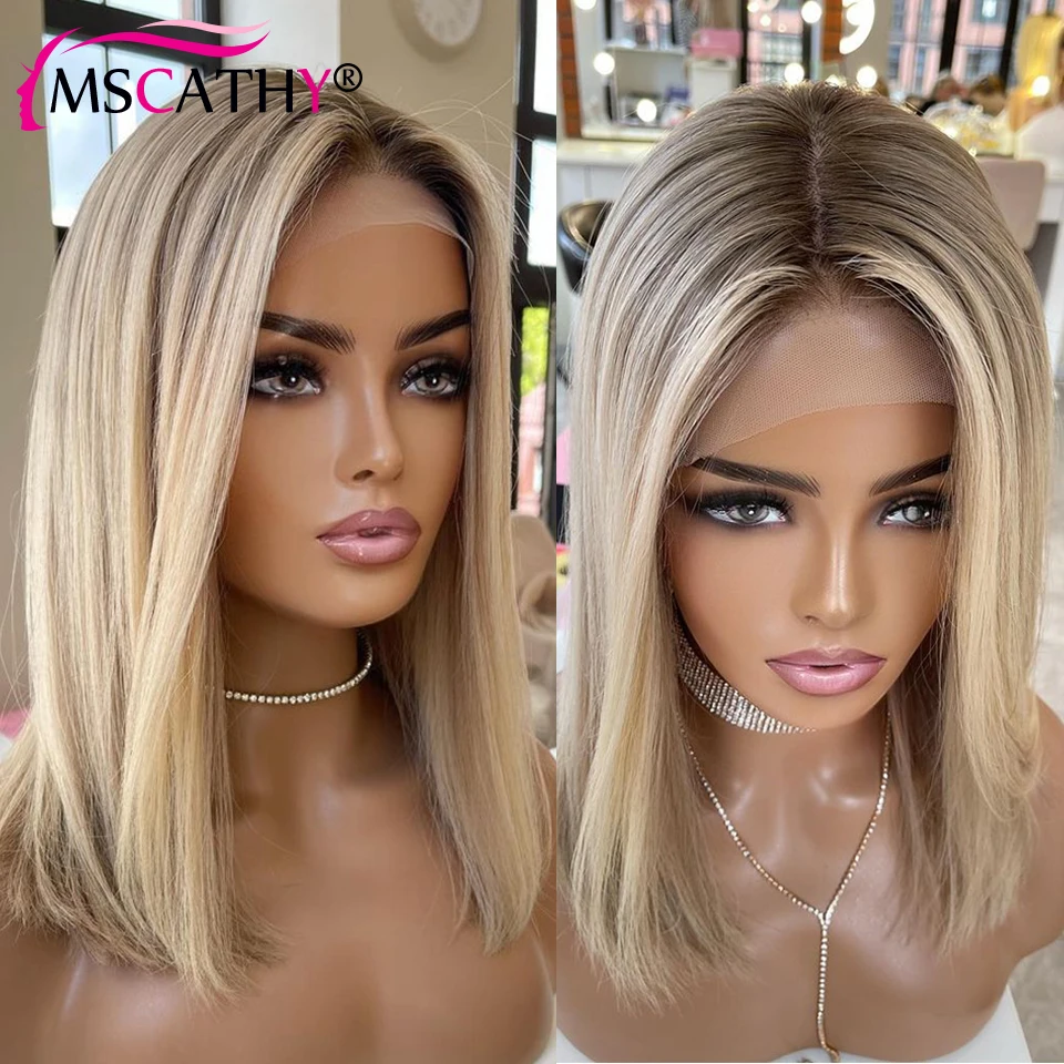 13x4 Ash Blonde Highlight Lace Front Wig Short Straight Bob Brown Human Hair Wigs HD Transparent Lace Frontal Wigs Preplucked