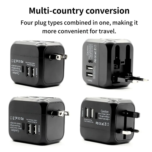 All-in-One Travel Charger Power Adapter EU/US/UK/AU Plug Universal Travel Adapter 2 USB Type C Fast Charging Travel Wall Charger