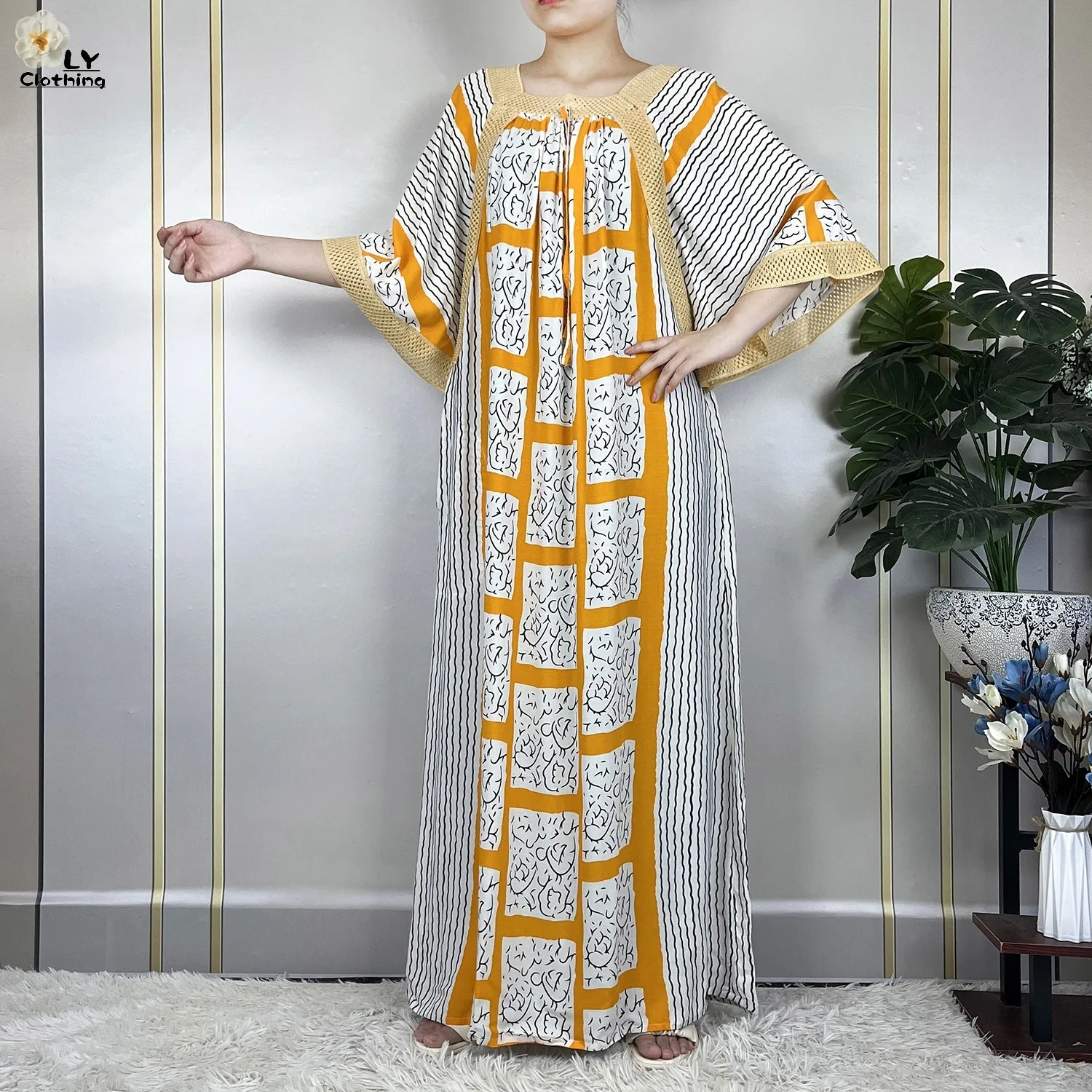 2023 New African Islam Summer Femme Short Sleeve Stripe Printing Loose Dubai Fashion Robe Muslim Women Dress With Large Scarf 4