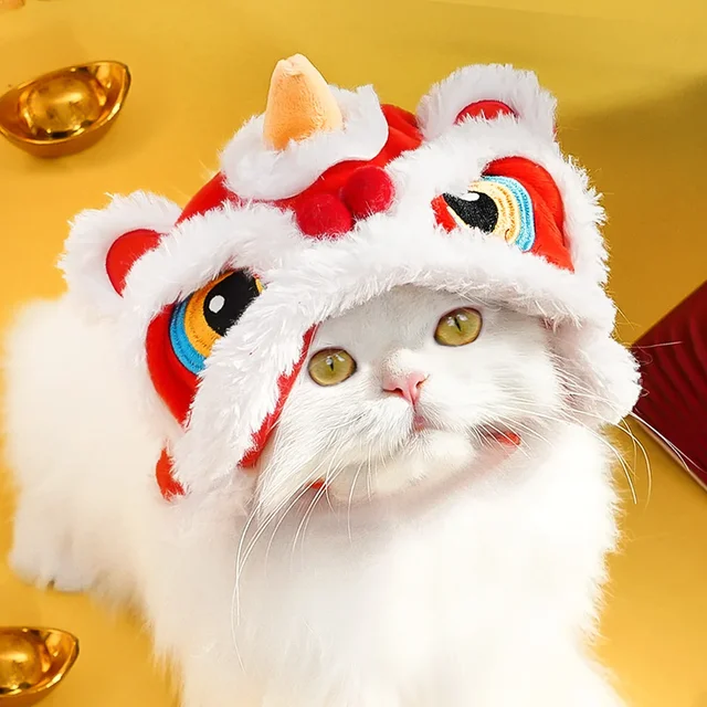 Pet Cat Hat New Year's Lion Dance Burr Hat Autumn and Winter Warm Headgear Festive Headgear Pet Cat Hat New Year's Lion Dance Burr Hat Autumn and Winter Warm Headgear Festive Headgear