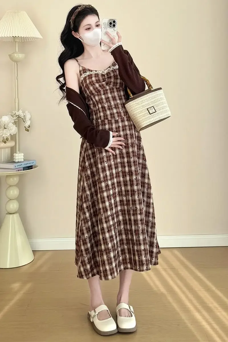 Spring Maternity Dress Suit Korean Style Long Sleeve Cardigans Strap Plaid Dress Twinset Fashion Pregnant Woman Clothes Set