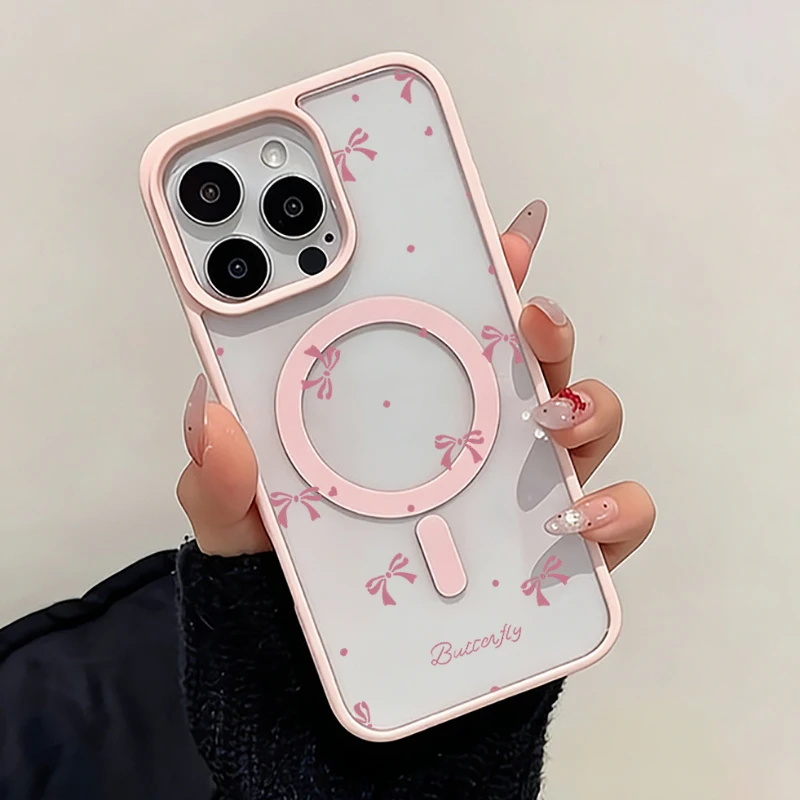 Transparent Pink Bow Magnetic Phone Case with Air-Clear Design