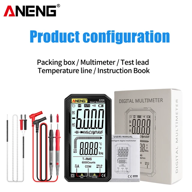 ANENG 620A Digital Smart Multimeter Transistor Testers 6000 Counts True RMS Auto Electrical Capacitance Meter Temp Resistance 620A Black sheath