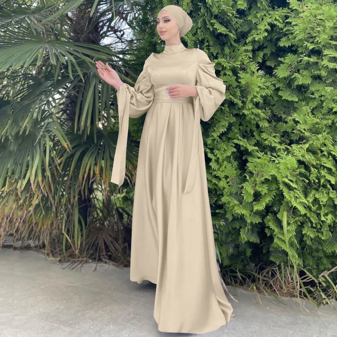 Muslim Clothing 2023 Women Islamic Satin Dress Arabic Pleated Abaya Dubai Balloon Sleeve Eid Mubarak Turkish Long Dresses Kaftan