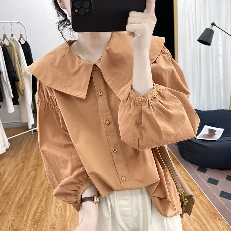 

Spring Summer Fashion Solid Color Blouse Women Full Sleeve Peter Pen Collar Tunic Tops Elegant Casual Shirt Loose Blusas W17