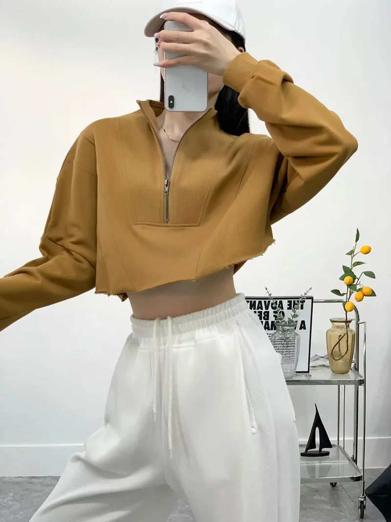 Sun-imperial Oversized Half Zip Cropped Sweatshirt Drop Shoulder With Raw Hem Detail