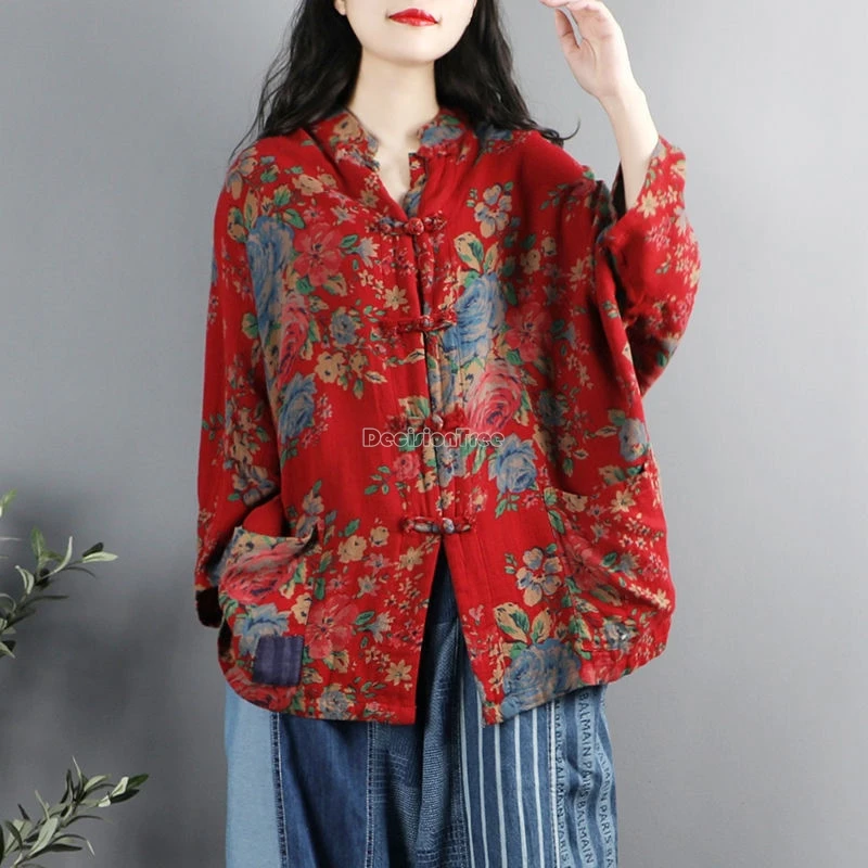 chinese vintage national style cheongsam button shirt women long sleeve printed cotton linen printed retro jacket blouse