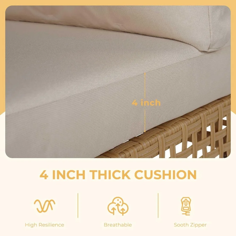 4-Piece Wicker Patio Furniture Set, Boho Outdoor Sectional Sofa with Water Resistant Thick Cushions (Coffee Table No 6