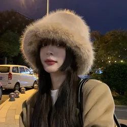 Winter Warm Faux Fur Bucket Hats for Women  Fisherman Hat Fuzzy Fluffy Cap Outdoor Stylish Panama Caps Christmas Gift
