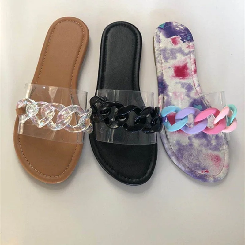 

Clear Transparent Flat Slippers Women Shoes Woman Metal Chain Slides Rainbow Colorful Summer Beach Slippers Flip Flops Plus Size