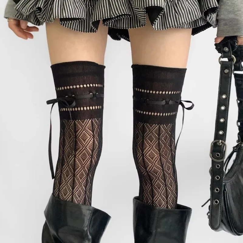 Neue Schwarze Netzstrümpfe für Damen, Sexy Durchsichtige Ausgehöhlte Overknee-Strümpfe, Punk-Uniform JK Schleifenband Kniehohe Strümpfe – Detail 1