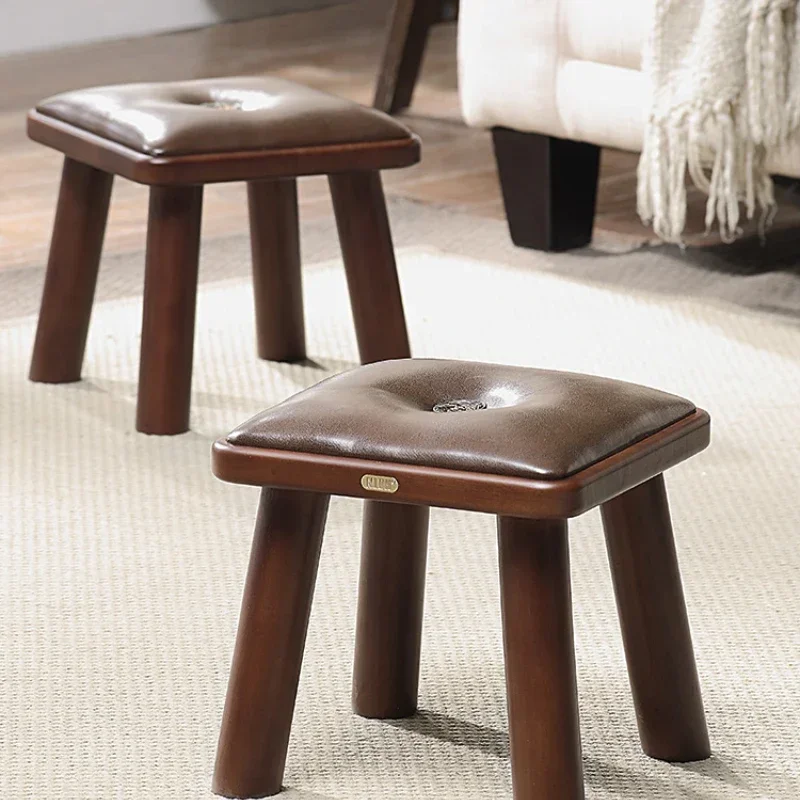 Solid wood stool American living room leather stool soft bag small round stool square stool sofa stool leg small wooden stool