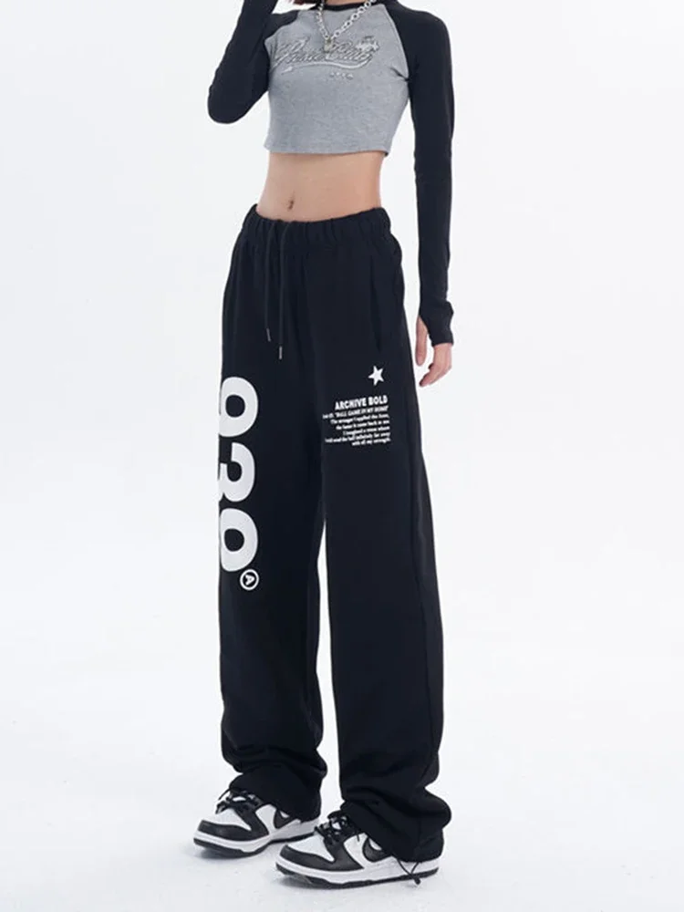 Y2K Sweatpants Women Korean Black Letter Print Wide Leg Pants Fashion Hip Hop High Waist Female Casual Trousers