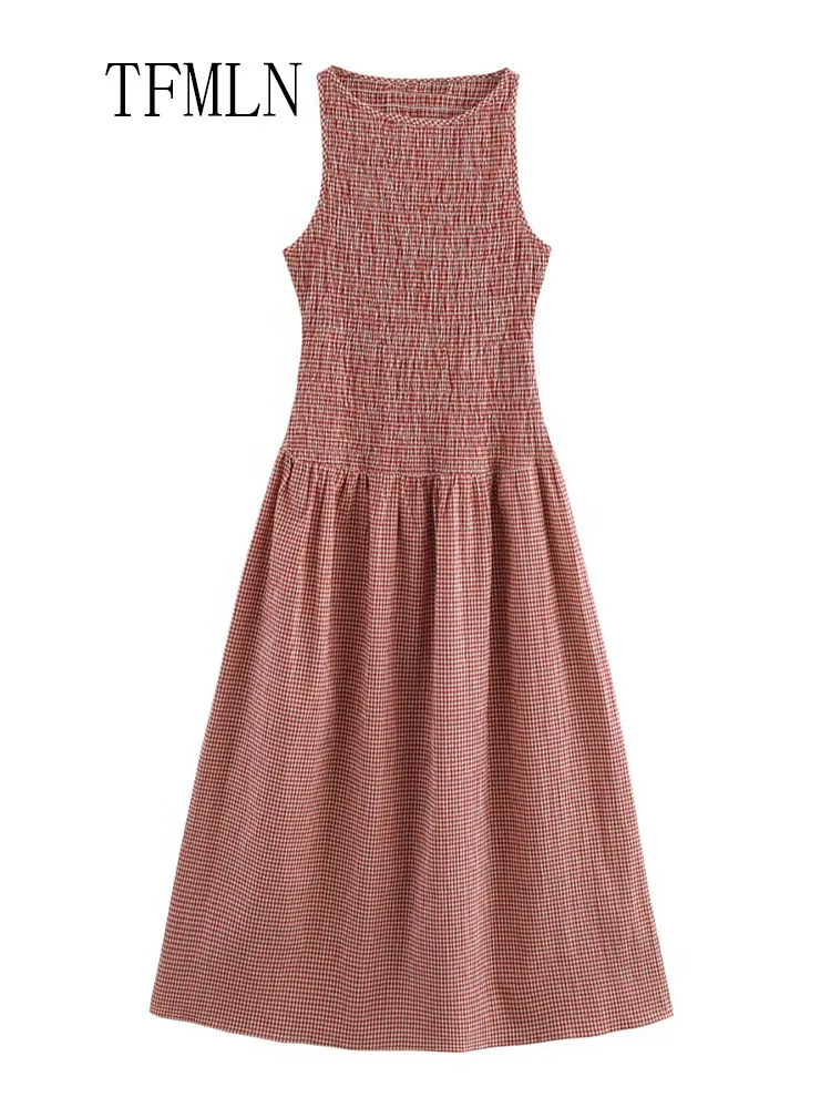TFMLN Chic Casual Plaid Women Dresses Elegant O-Neck Pleated Sleeveless Long Pullover Dress 2025 Fashion Summer Female Vestido