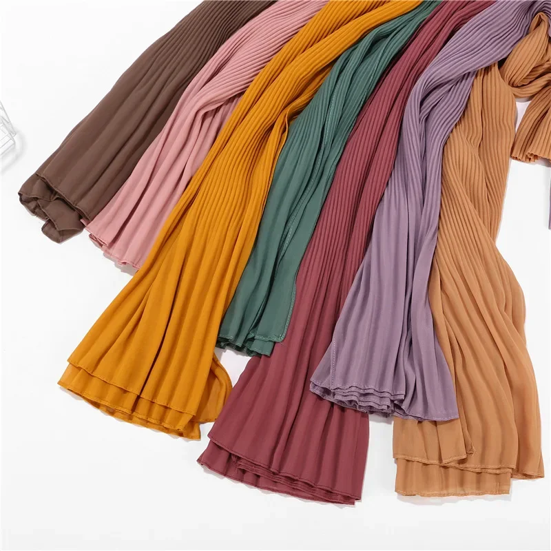 180x85cm Pearl Chiffon Scarf Solid Color Pleated Stripe Headwear Scarves Women Girls Muslim Hijab Head Wrap Plain Travel Shawls 4