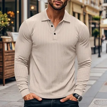 T-shirt a maniche lunghe abbottonata con risvolto americano casual classico da uomo autunno transfrontaliero