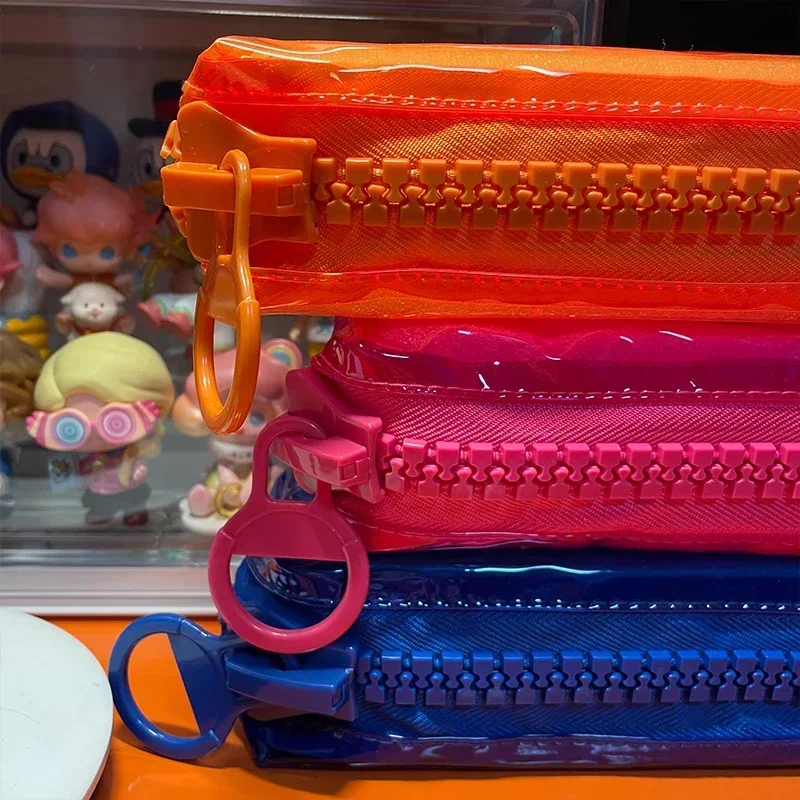Large Zipper Pencil Case Color Square Large Capacity Student Stationery School Supplies Fluorescent Transparent PVC Storage Bag Pencil Cases
