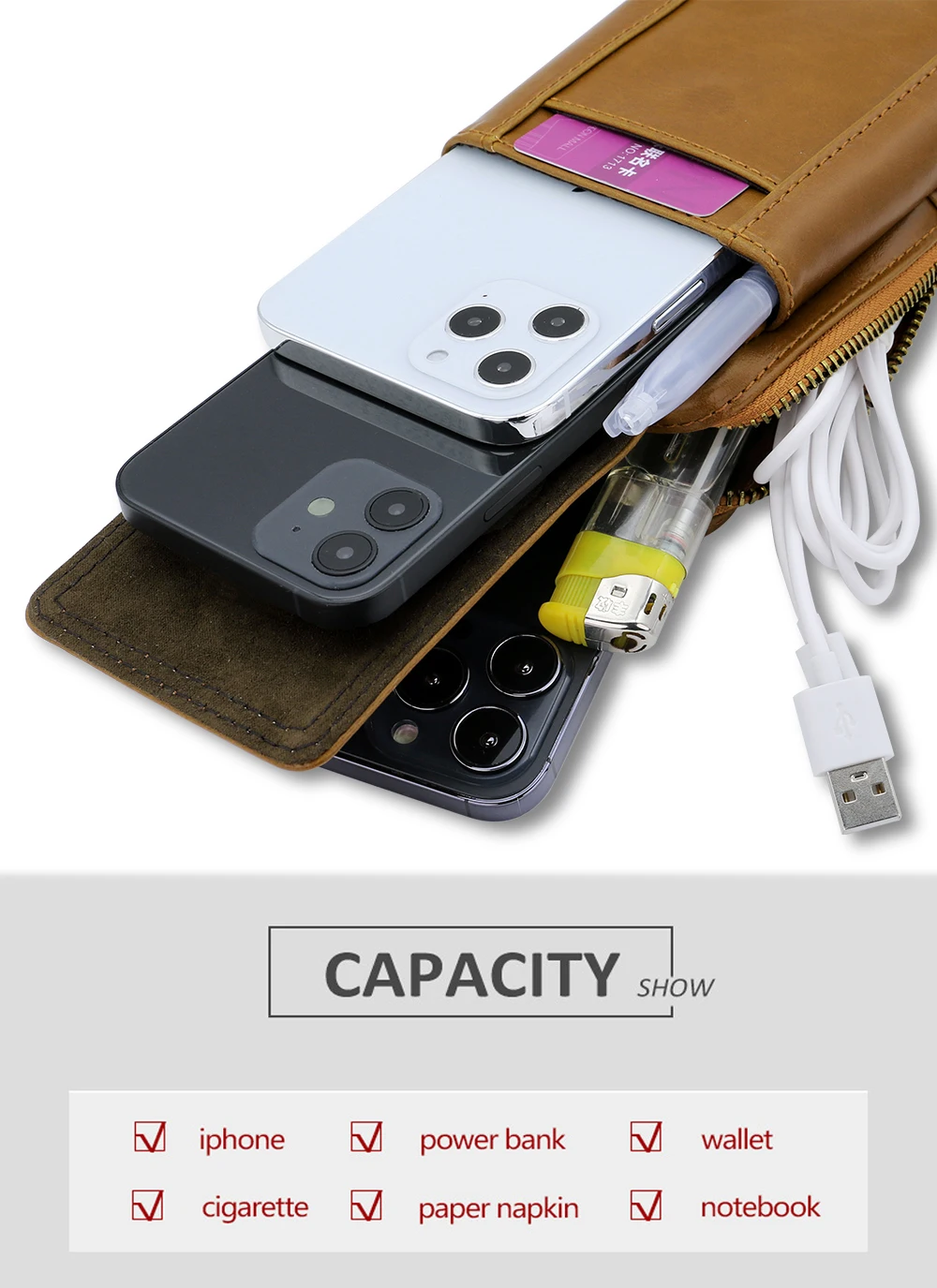 PU Leather Phone Holster with Belt Loop & Clip Multifunctional Big Capacity Cell Phone Universal Holster Waist Bag Compatible