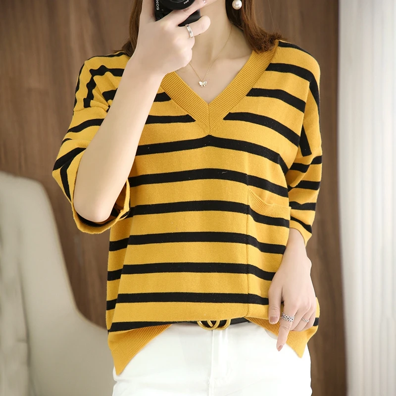 

New Product Is Loose Thin 200kg Can Be Worn Pure Cotton Knitted Short Sleeved T-Shirt Women Summer New Striped Oversized Sweater