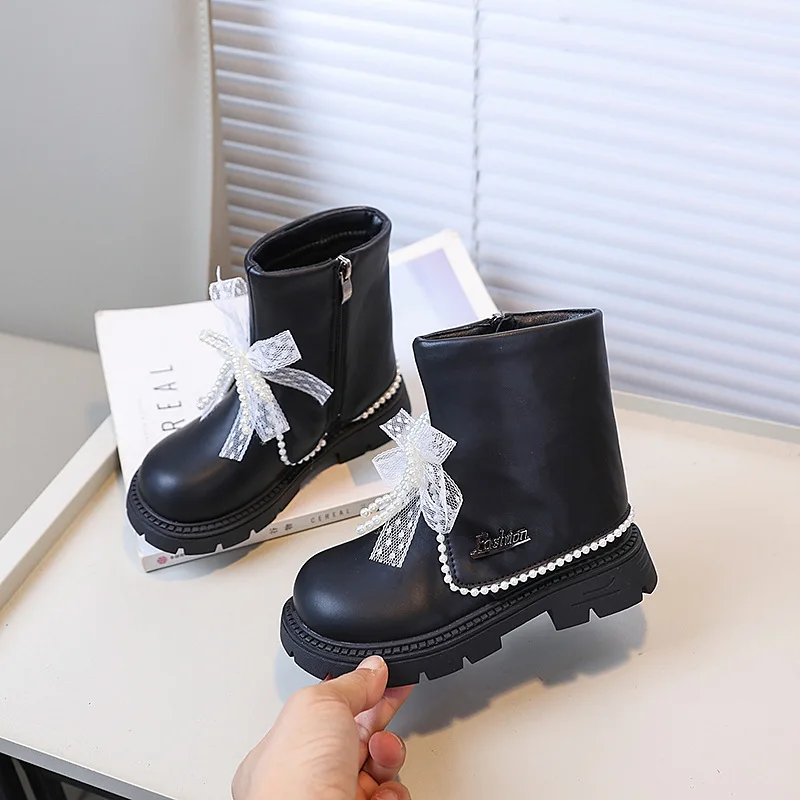Girls Sweet Princess Ankle Boots Autumn New Children Fashion Leather Boot Elegant Lace Bowknot Kids Causal Platform Boots Zipper