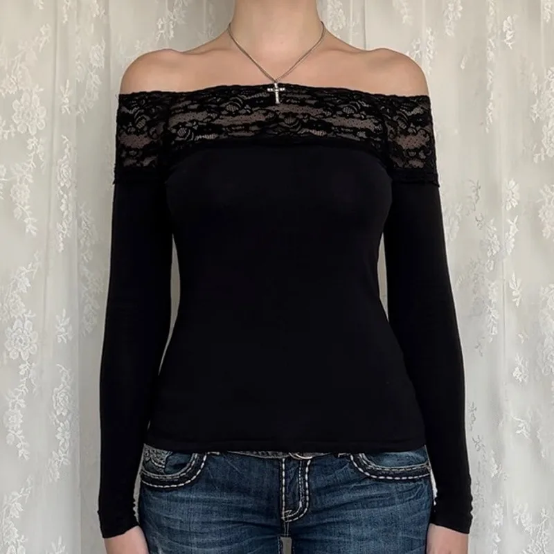 

Woman Elegant Black Long Sleeve Top Autumn & Winter New Women's Fashion Lace Splice Off Shoulder Sexy Spicy Girl Slim T-shirt