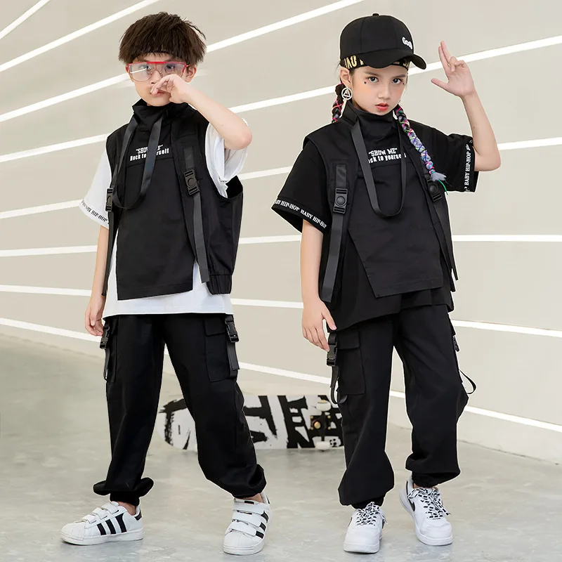 Girls Boys Jazz Dance Costume Clothes Wear Black Kid Hip Hop Clothing T Shirt Top Tactical Cargo Pants Sleeveless Jacket Vest