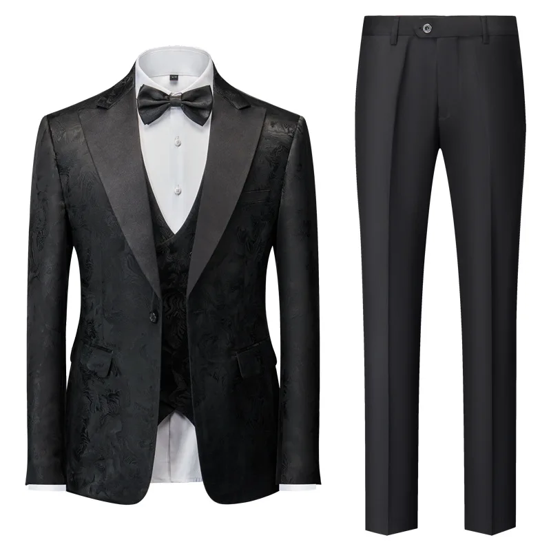 Luxury Jacquard Men Suit Red Gentlemen Clothing Wedding Party Groom Dress Business Banquet Male 3 Piece Set (Blazer+Pants+Vest)