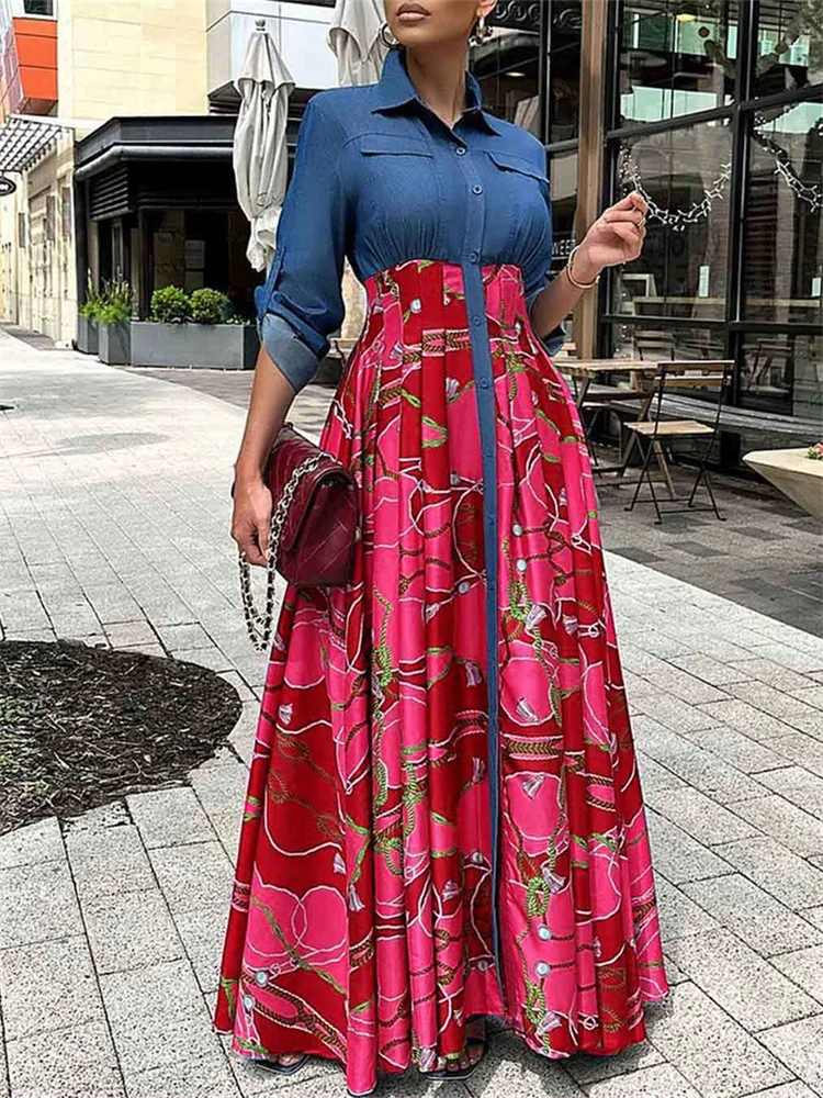 Wmstar Women Dress Summer Fashion Denim Patchwork High Waist Elegant Office Lady Long Maxi Dresses Wholesale Dropshipping S-3XL
