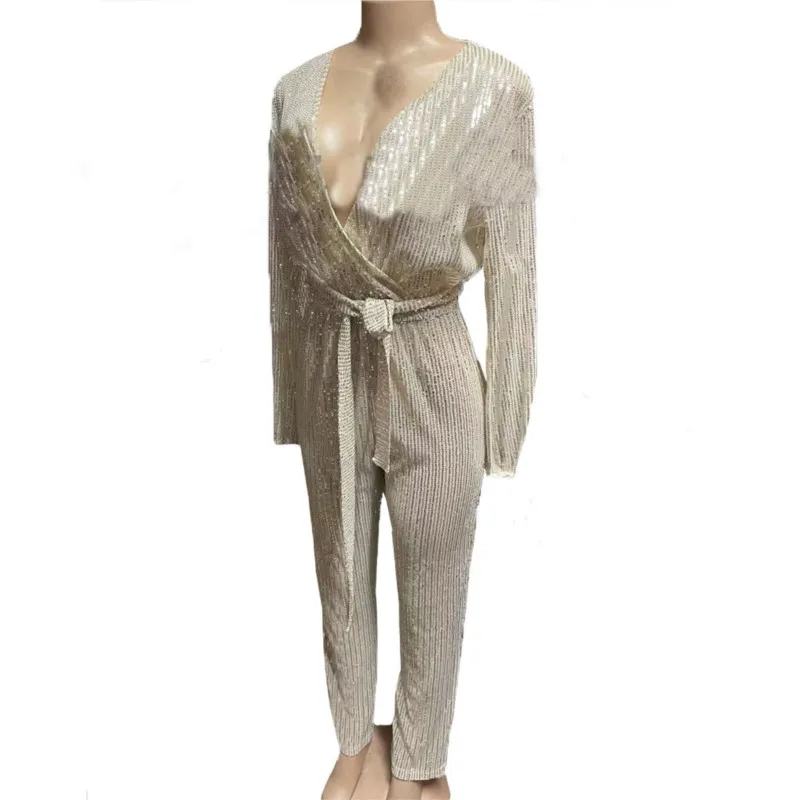 Combinaison Ample à Paillettes Pour Femme - Col En V Élégante Soirée Violet XXL
