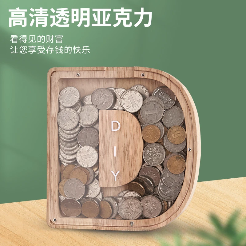 Twenty-six Letter Piggy Bank Wooden Coin Money Saving Box Jar Coins Storage Box Desktop Ornament Home Decor Crafts Xmas Gift