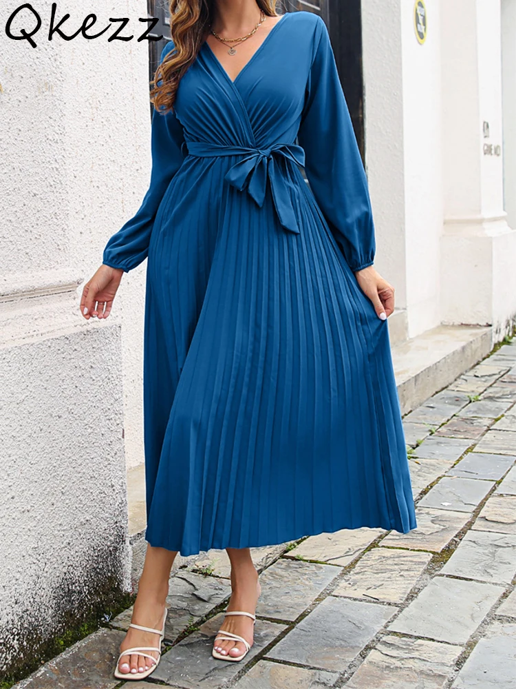 Qkezz Pleated Dress Long Sleeve Elegant Maxi Dresses Fall Spring Tie