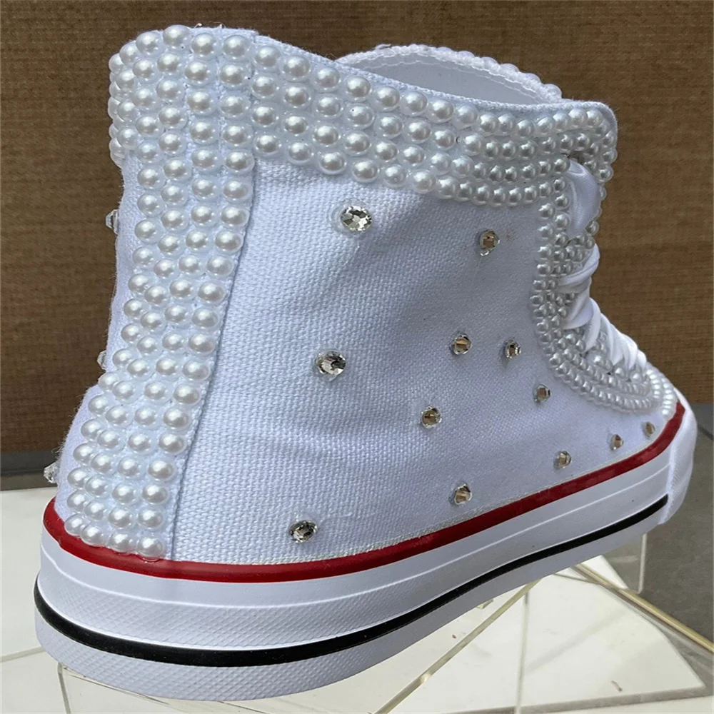 White high top pearl rhinestones ribbon style canvas shoes integrated sports casual shoes women's 35-44
