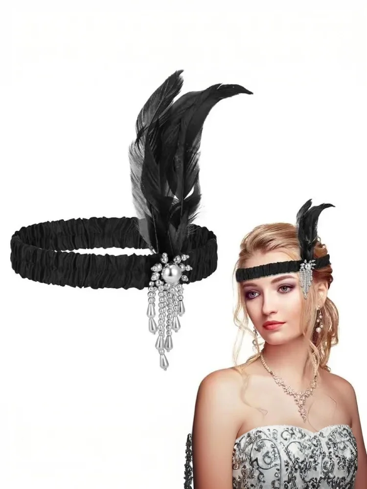 Women's Black Hair Accessories Beaded Hair Band 1920s Retro Gatsby Single Party Ladies Headwear Dress UP Feather Headband