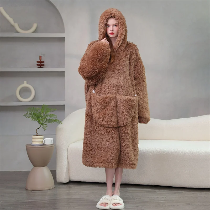 Warm Thick Hooded Clothing Couple Long Sleeve Big Pockets Brand New Autumn  Winter Male Female Loose Warm Sleepwear