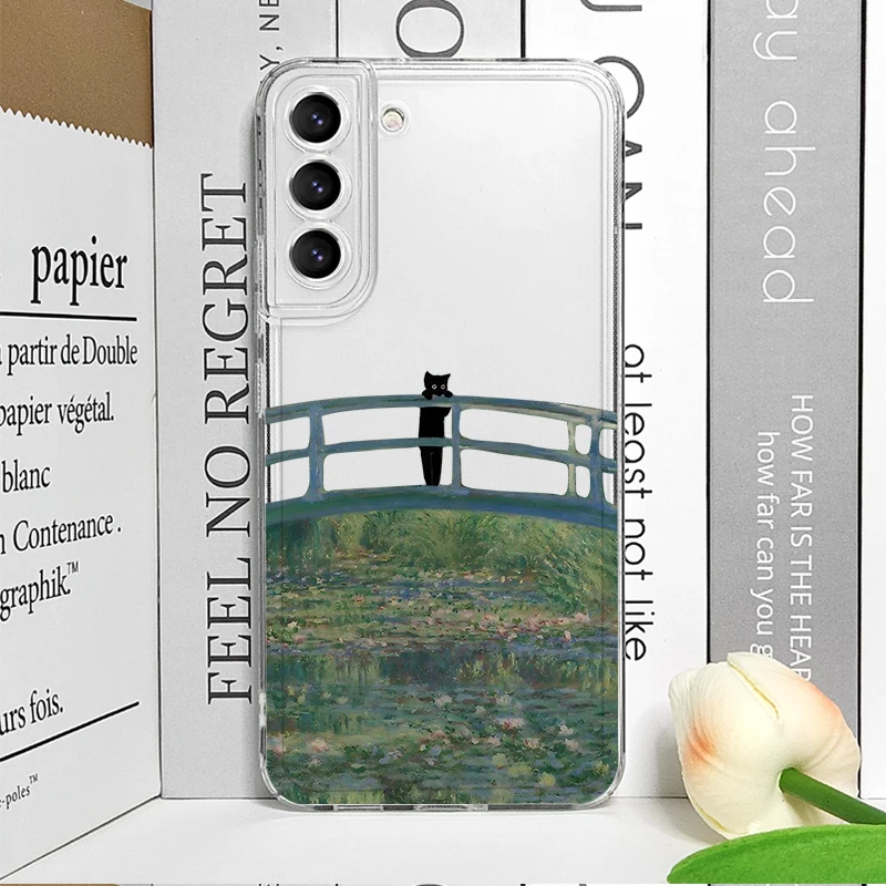 Vintage Oil Painting Black Cat Scenery Clear Phone Case