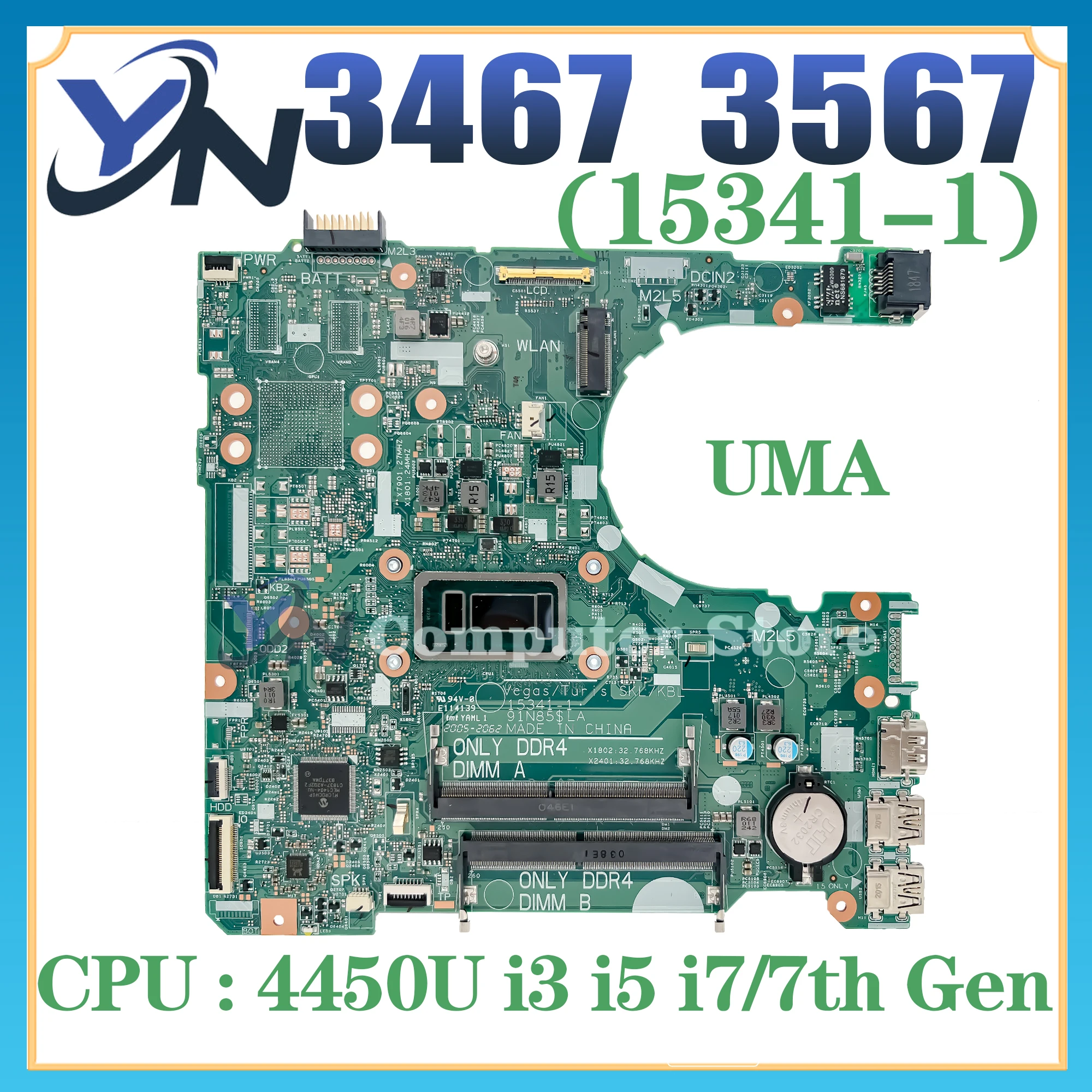 Материнская плата 15341-1 для ноутбука Dell Inspiron 15 3467 3567, материнская плата 4405U i7 i5 i3 7-го поколения UMA 100%, тест ОК