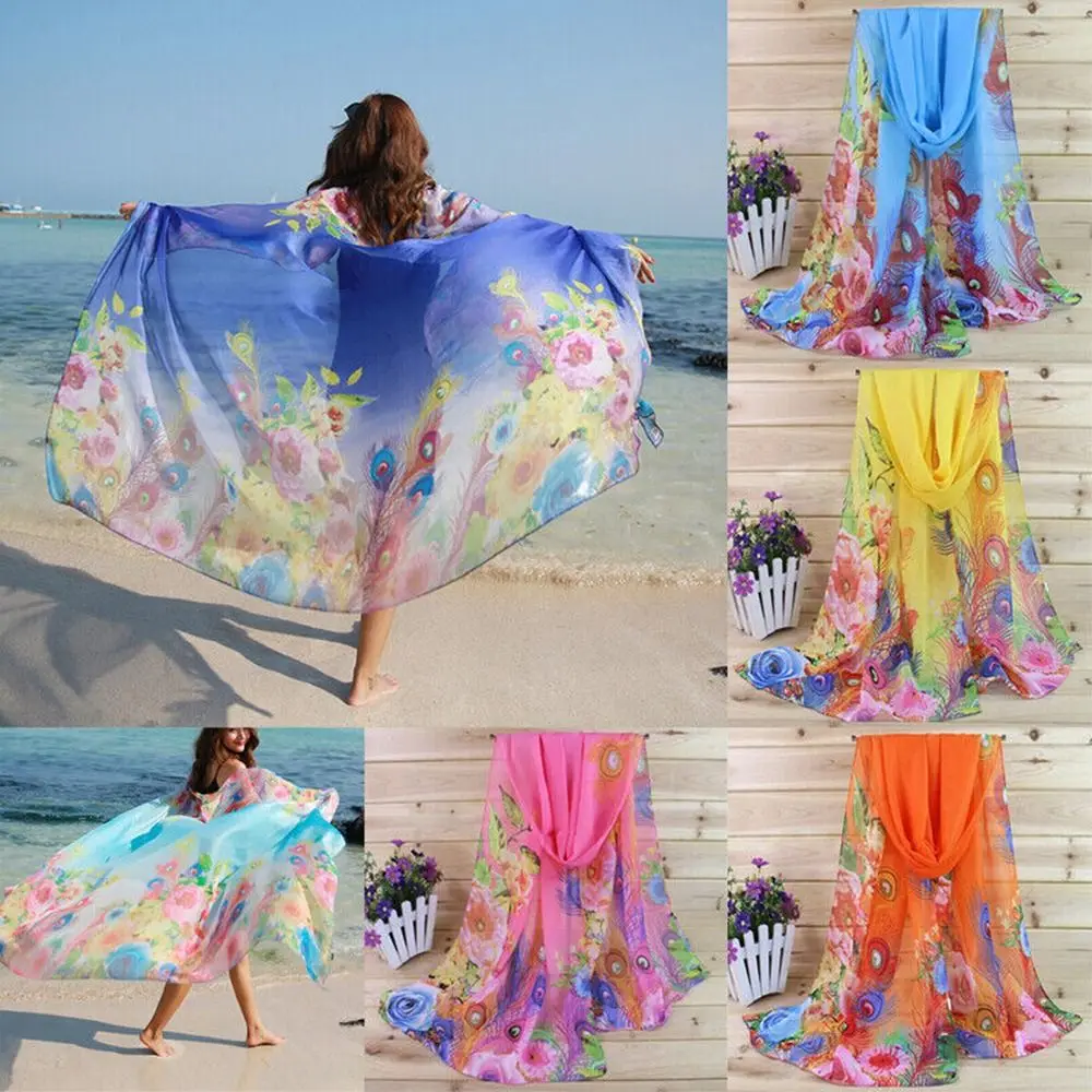 Fashion Beach Shawl New Ladies Chiffon Scarf Summer Beach Sarong Scarf Silk Scarf Hijab Shawl Head Wrap Clothing Accessories