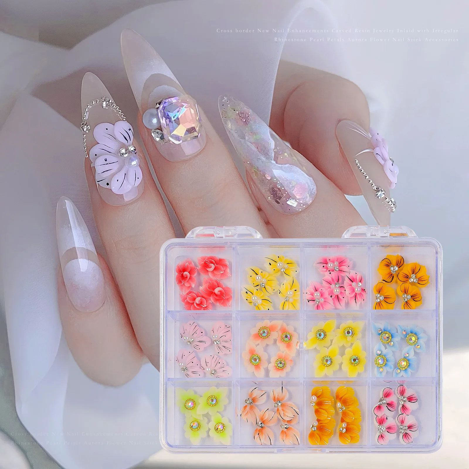 48Pcs 3D Nail Art Flower Decorations with Rhinestones and Pearls